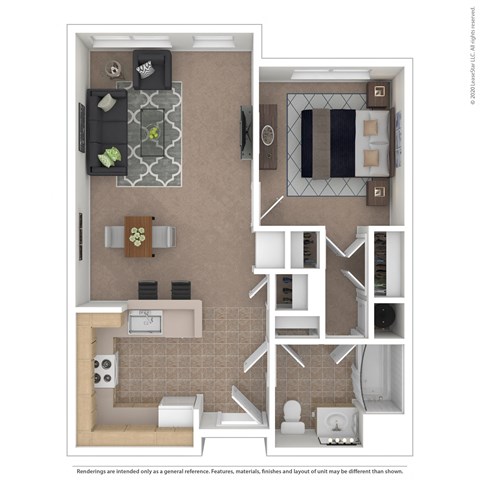 Floor plan for 1 bed, 1 bath, 641 sqft